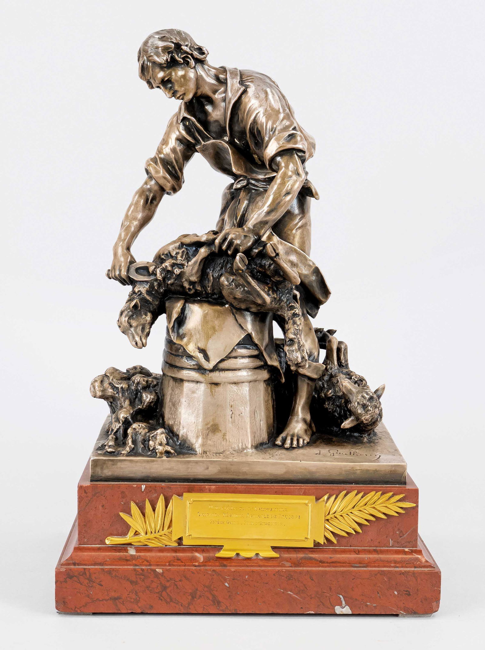 Jean Gautherin (1840-1890), '': Jean Gautherin (1840-1890), ''The Shearer'', silver patinated bronze on a red marble base, the gilt bronze plaque on the base inscribed: ''MinistÃ¨re de l'Agriculture Concours RÃ©gional Agricole d