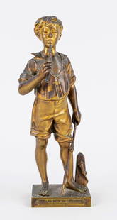 Adolphe Jean Lavergne (1863-19: Adolphe Jean Lavergne (1863-1928), French sculptor, ''Charmeur de Lézards'', the lizard charmer, bronze with residual gilding and partly reddish-dark patina (presumably due to liquid contact), titl
