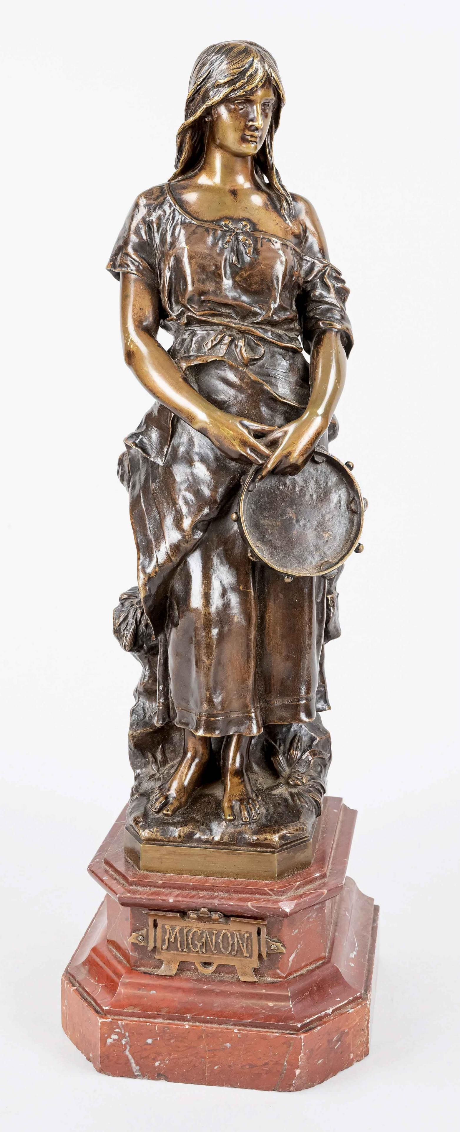 Eugene Marioton (1854-1933), ': Eugene Marioton (1854-1933), ''Mignon'', pretty girl with tambourine, brown patinated bronze on red marble base with title plaque, signed on side, base bumped, overall h. 54 cm