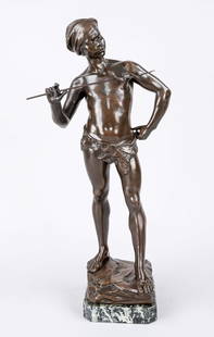 Adolphe Jean Lavergne (active: Adolphe Jean Lavergne (active 1863-1928), snake charmer, youth dressed only in loincloth and turban, eye to eye with a snake he holds on a staff. Dark brown patinated bronze, signed ''Lavergne'' in th