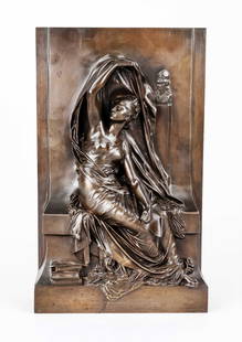 Henri Michel Antoine Chapu (18: Henri Michel Antoine Chapu (1833-1891) , imposing, partly free-plastic worked bronze relief of a seated muse, brown patinated bronze, signed on the side ''H. Chapu'' and foundry stamp of Thiebau Frere