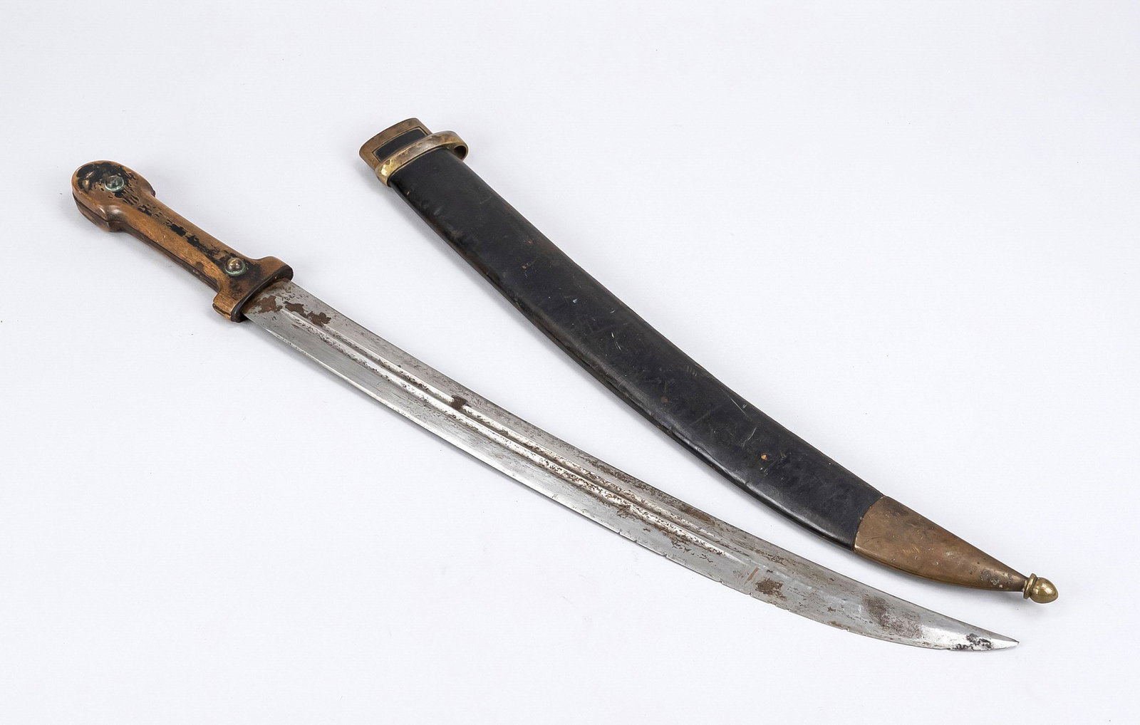 Sabre Kindschal or Kindjal, Ru: Sabre Kindschal or Kindjal, Russia, dated 1910, double fluted blade with various military acceptance marks, in original scabbard, also stamped, blade slightly flight rusty, edge with small nicks, l. 6