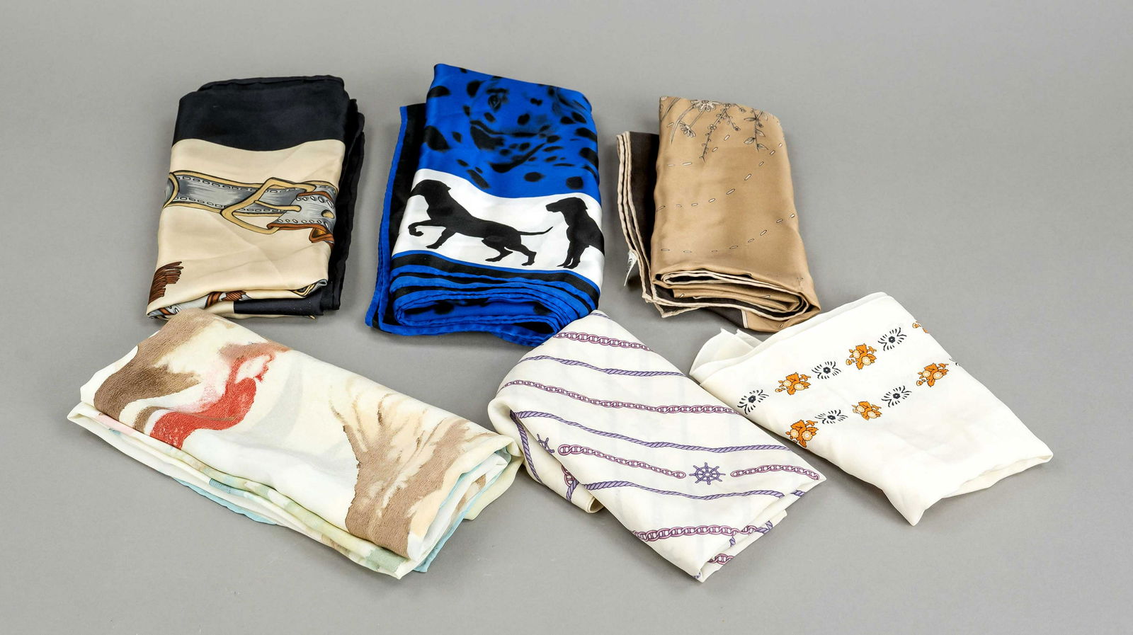 Escada, Celine a.o., six polychrome: Escada, Celine a.o., six polychrome patterned shawls and scarves by different manufacturers, different materials, storage traces, partly spotty