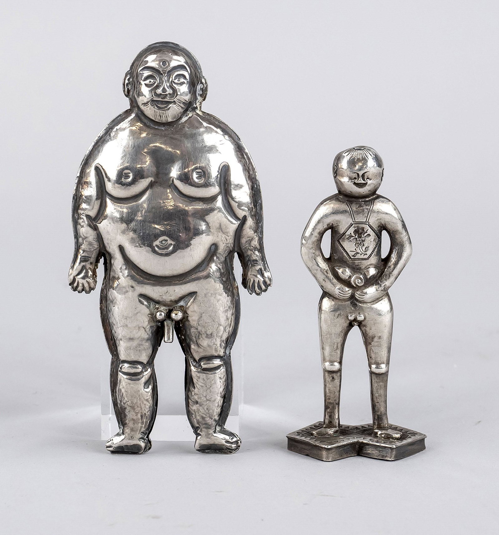 Fat man and small boy naked, C: Fat man and small boy naked, China, 19th/20th century, silver figures, 1xmark ZHUGONGJI, silver tested, h to 11,5cm, 67g