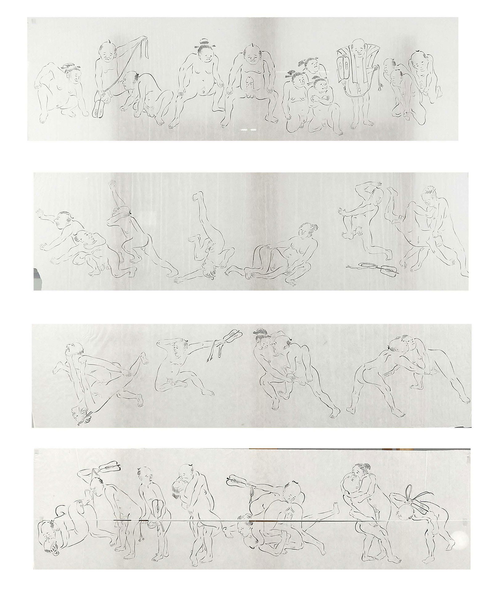 Shunga-Mitate-e ''The Sumo Wre: Shunga-Mitate-e ''The Sumo Wrestling of the Sexual Organs'', Edo period(1603-1868), 18th/19th century, four sheets of ink on rice paper, pleated, partially cut, framed between glass, sheet each 22x78c