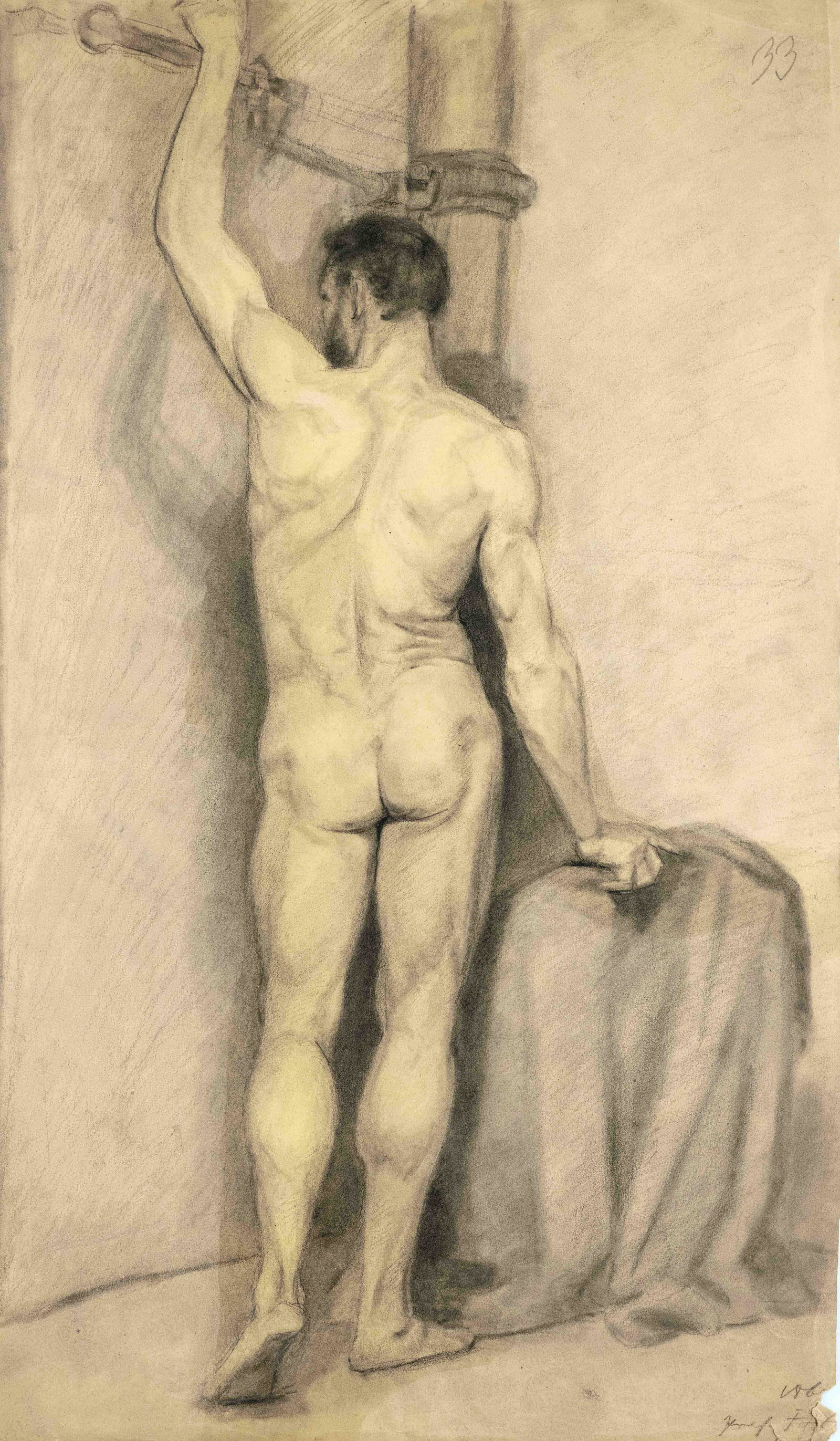 Anonymous artist 2nd half 19th c.,: Anonymous artist 2nd half 19th c., male back nude, academic study in charcoal and pencil on paper, lower right remains signature, minimal damage, sheet dimensions 59 x 34 cm