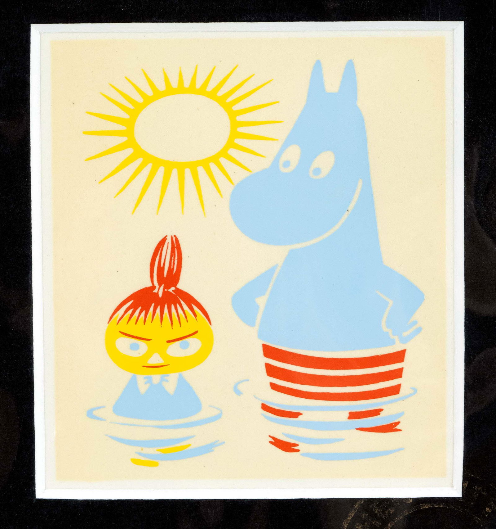 Tove Jansson (1914-2001), set of fo: Tove Jansson (1914-2001), set of four small color serigraphs of the Finnish-Swedish comic characters ''Mumins'', limited special edition of four authentic Moomin figures from the 1950s, mounted under