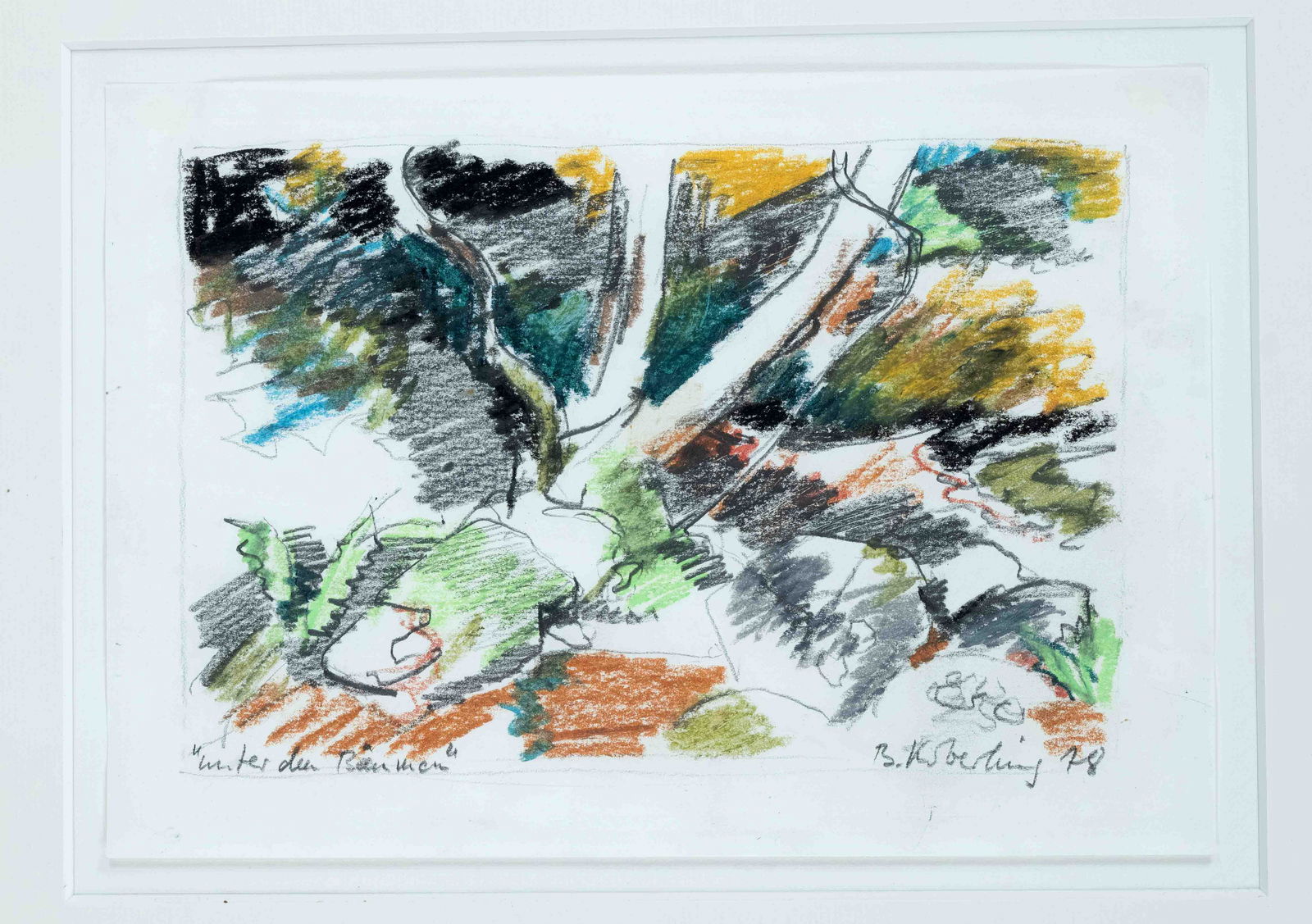 Bernd Koberling (*1938), German pai: Bernd Koberling (*1938), German painter of the Neue Wilden, ''unter den Bäumen'', pencil and color chalk on paper, signed and dated (19)78 lower right, inscribed lower left, 20,5 x 30 cm, behind
