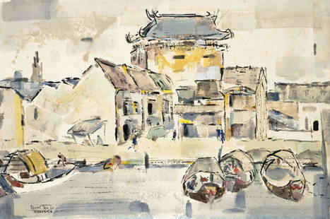 Thomas Yeo (*1936), important conte: Thomas Yeo (*1936), important contemporary painter from Singapore, who was awarded the Cultural Medal in 1984. Small harbor in old Singapore, watercolor on cardboard, bottom left signed & dated ''Thom