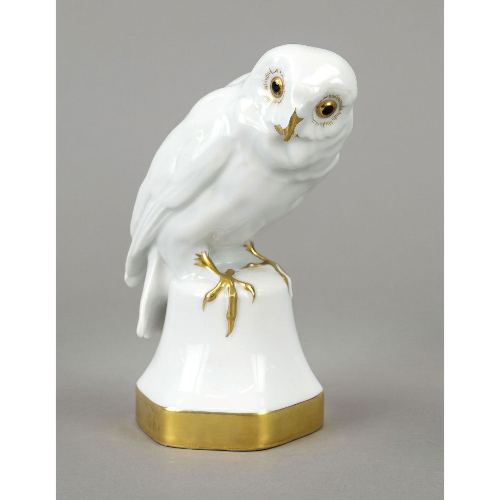 Owl on pedestal, Hutschenreuth: Owl on pedestal, Hutschenreuther, Selb, 1920-30s, design by Prof. Fritz Klee, green stamp mark, wei0, ornamental gilding, l. 16 cm