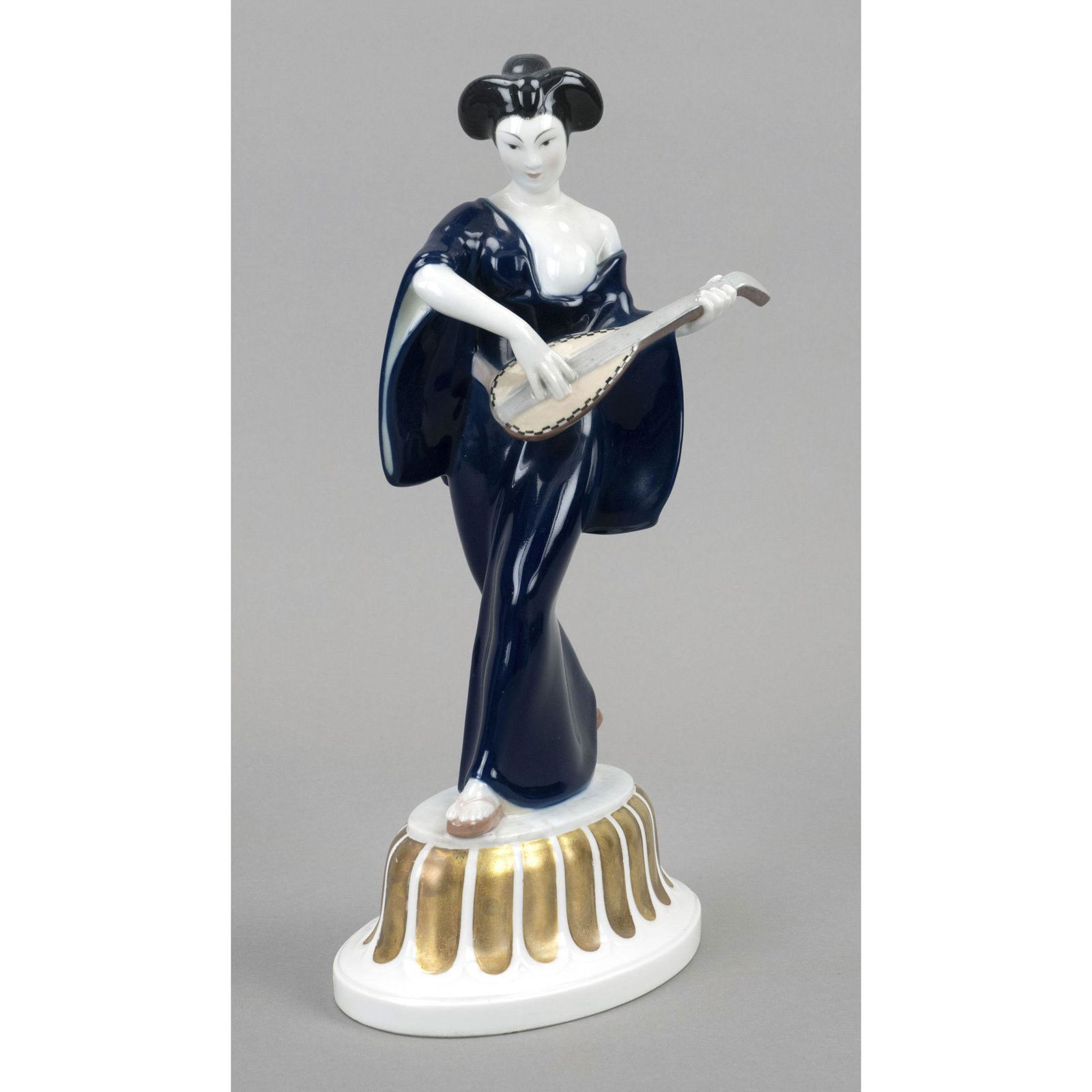 Japanese woman with mandolin,: Japanese woman with mandolin, KPM Berlin, mark before 1945, 1st choice, year letter for 1919 blue and red imperial orb mark, grinding stroke, model by Adolph Amberg 1905, figure from the wedding proce