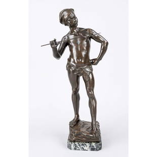 Adolphe Jean Lavergne (active: Adolphe Jean Lavergne (active 1863-1928), snake charmer, youth dressed only in loincloth and turban, eye to eye with a snake he holds on a staff. Dark brown patinated bronze, signed ''Lavergne'' in th