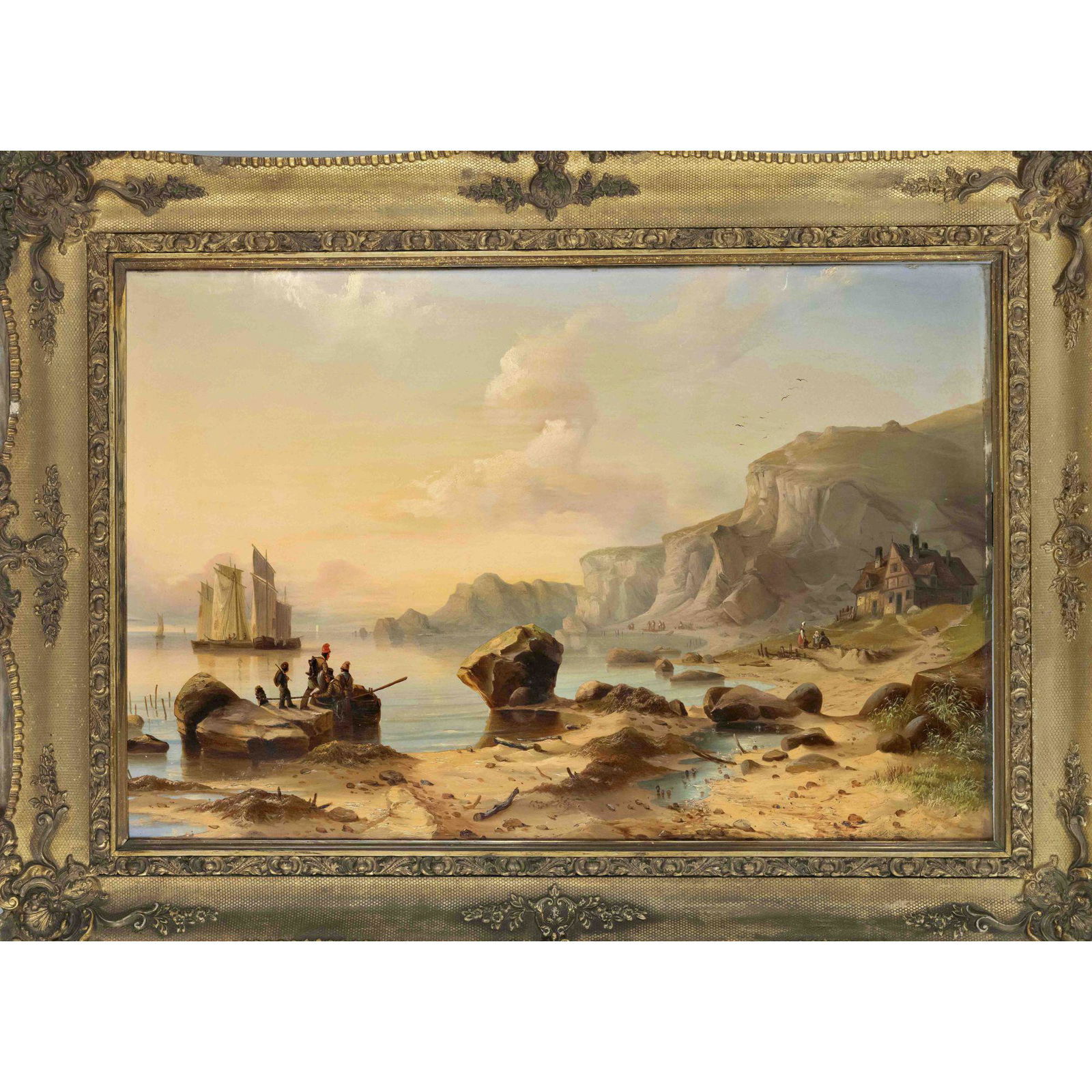 Eduard Schmidt, (1806-1862), German: Eduard Schmidt, (1806-1862), German marine and landscape painter, student of Carl Blechen. Rocky coastal scene in the evening light with figures and anchored tall ships, oil on wood, signed lower left
