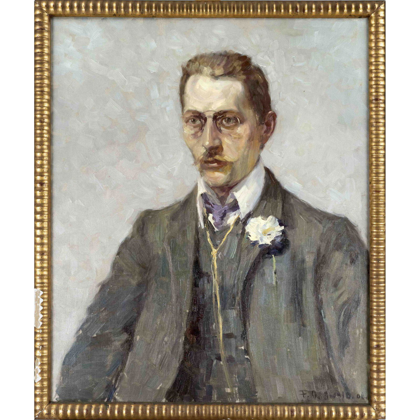 Fritz Osswald (1878-*), ''Portrait o: Fritz Osswald (1878-*), ''Portrait of a Young Man with Glasses'', oil/canvas, signed and dated lower right ''F. Osswald 1906'', verso inscribed ''A Viehoff MÃ¼nchen 1906'', 77 x 63 cm, framed 82 x 6