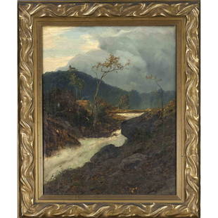 Heinrich Gogarten (1850-1911), Germa: Heinrich Gogarten (1850-1911), German landscape painter who studied with Oswald Achenbach in DÃ¼sseldorf, ''Wasserfall im Gebirge'', oil/canvas, signed & dated lower left ''Henri Gogarten 1886'', ca