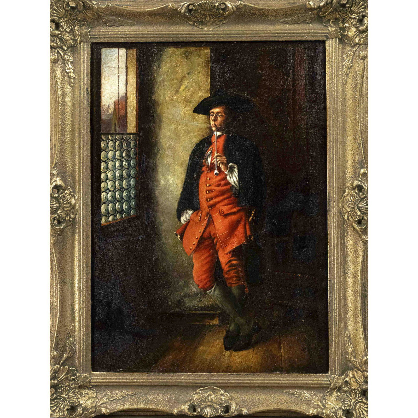 signed Durcak, artist 1st h. 20th c.: signed Durcak, artist 1st h. 20th c., dark interior with pipe smoking man in baroque style, oil on canvas over hardboard, signed lower right, restored and retouched, 70 x 50 cm, framed 85 x 65 cm