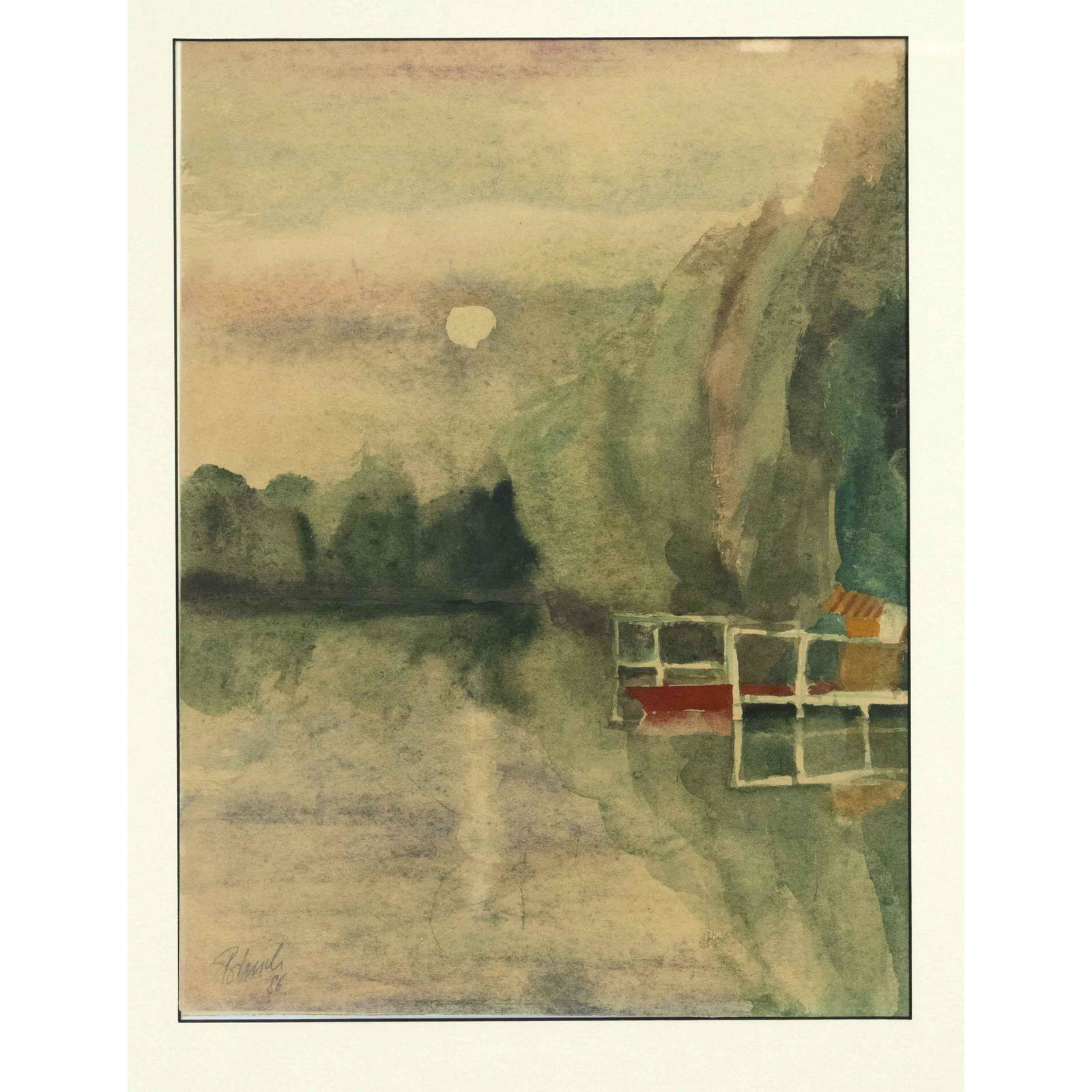 Unidentified artist 2nd h. 20th c.,: Unidentified artist 2nd h. 20th c., footbridge at the lakeside, watercolor on paper, bottom left indistinctly signed and dated 1986, 40 x 30 cm, behind glass and passepartout in exchangeable frame 65