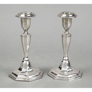 Pair of candlesticks, German, 20t: Pair of candlesticks, German, 20th century, maker's mark Gottlieb Kurz, Schwäbisch Gmünd, silver 835/000, 8-cornered, arched and filled stand, angular baluster shaft, spout in vase shape, h.