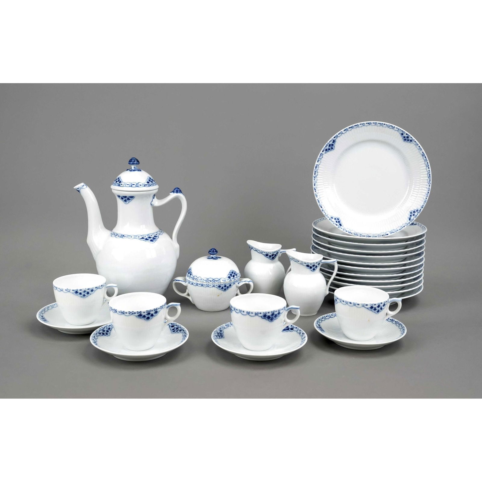 Coffee service for 12 persons, 40: Coffee service for 12 persons, 40 pieces, Royal Copenhagen, Denmark, end of 20th century, design Arnold Krog, decor Princess, painted with fine lace border in underglaze blue, coffee pot, model no. 12
