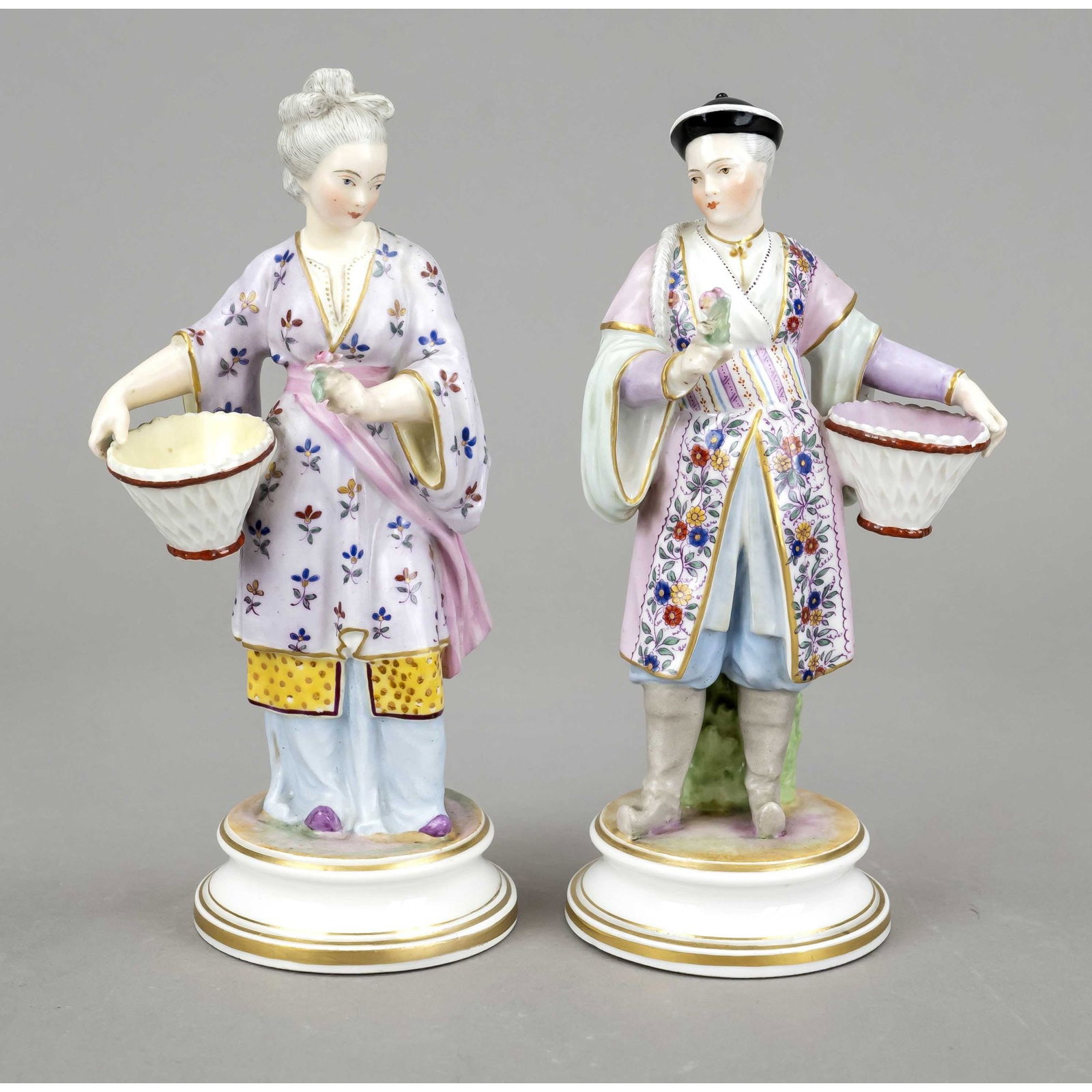 Pair of figures, w. Samson, Paris: Pair of figures, w. Samson, Paris, end of 19th c., Japanese woman and Japanese man with basket, from a series of foreign peoples after Meissen model, on round plinth, polychrome painted and ornamental