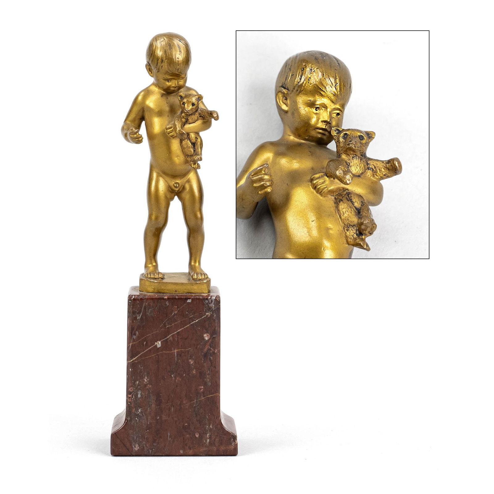 Rudolf Marcuse (1878-ca.1930/40),: Rudolf Marcuse (1878-ca.1930/40), Berlin based sculptor of Art Nouveau and Art Deco, small statuette of naked boy with teddy bear, gold patinated bronze over red marble pedestal, signed on reverse, ov