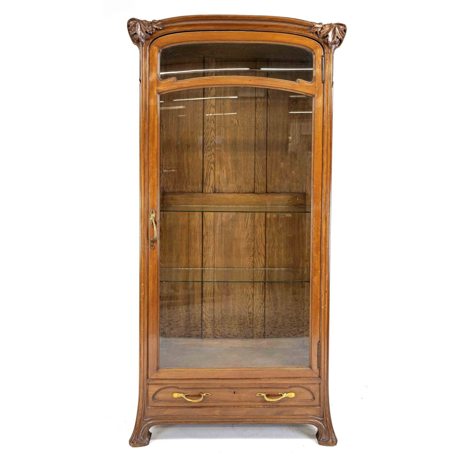 Art Nouveau display cabinet circa: Art Nouveau display cabinet circa 1900, probably Louis Majorelle, mahogany, 1-door glazed corpus with drawer, 220 x 110 x 50 cm.