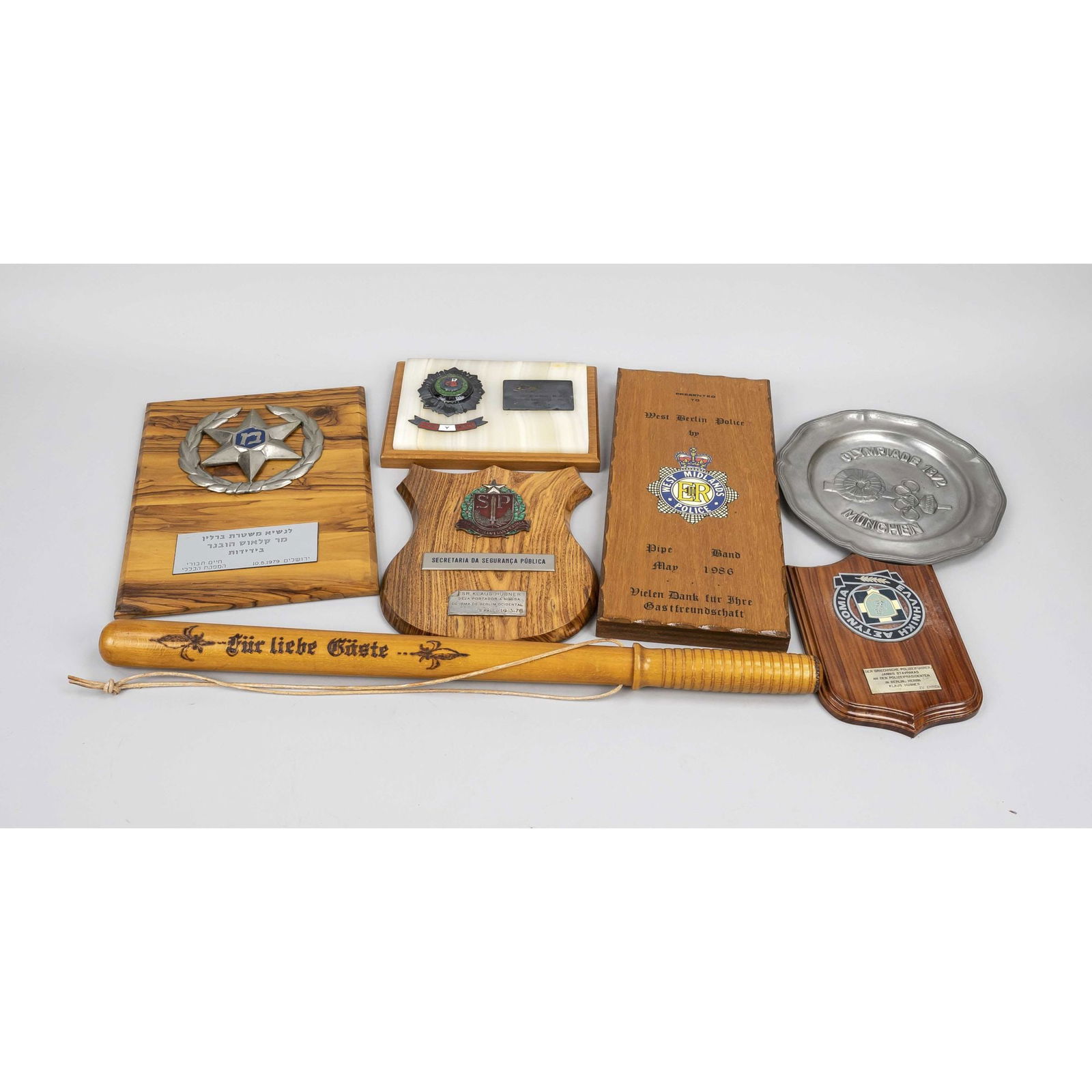 mixed lot police memorabilia, Ger: mixed lot police memorabilia, Germany (Berlin), 20th century, from the estate of the Berlin police president(1969-87) Klaus HÃ¼bner, consisting of a wooden baton ''for dear guests'', various plaques