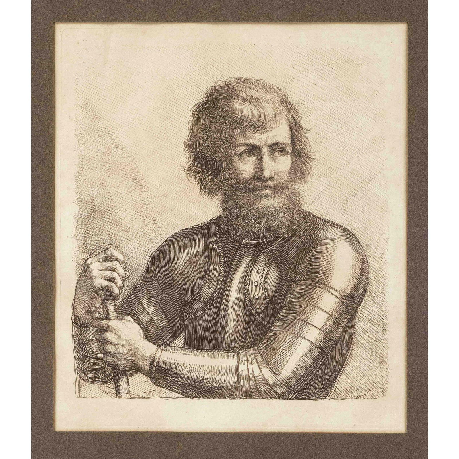 Francesco Bartolozzi (1728-18: Francesco Bartolozzi (1728-1815), Half-length portrait of a bearded soldier in armor, etching on laid paper, unsigned, 30 x 26 cm, framed behind glass and passepartout 57 x 42 cm