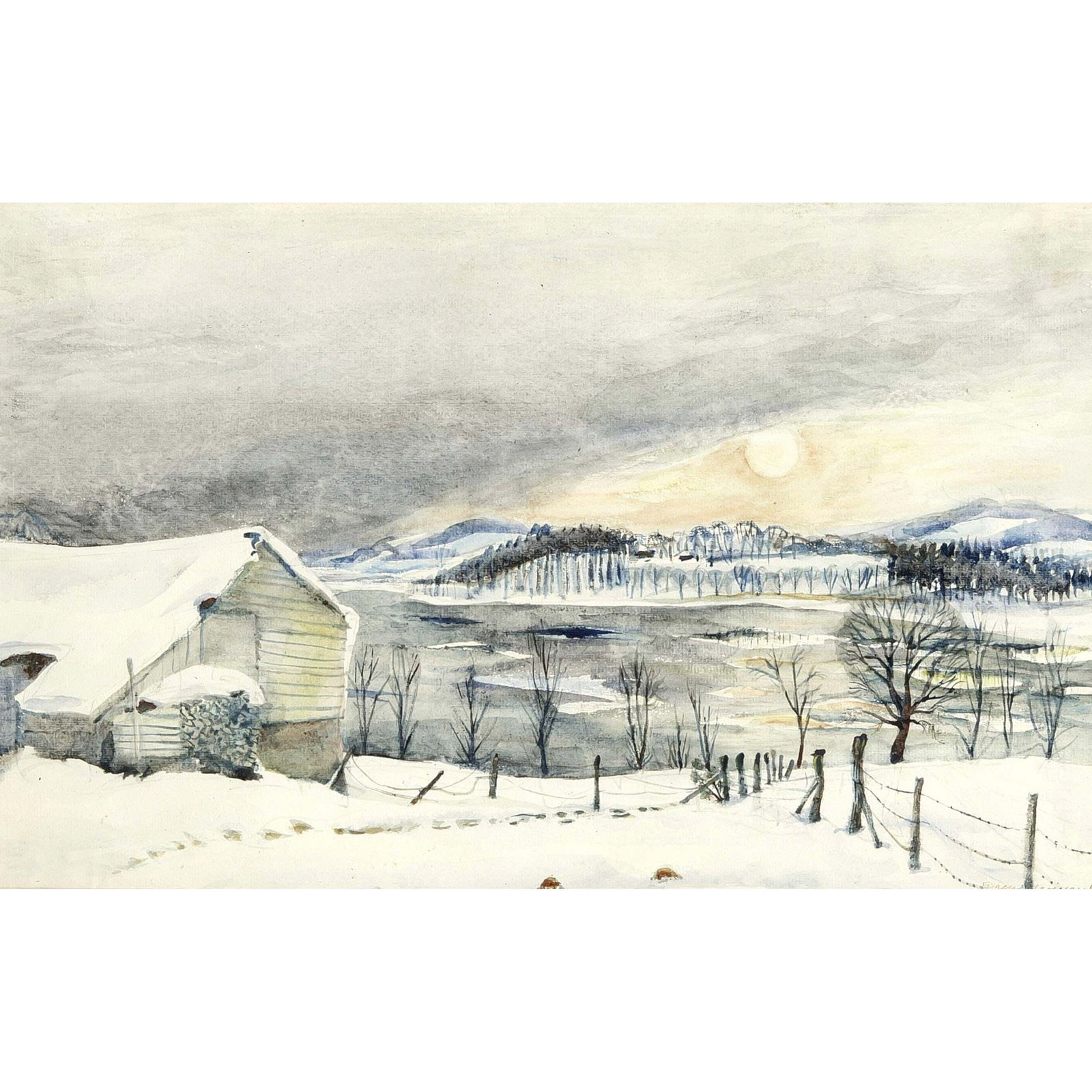 Eugen Croissant (1898-1976),: Eugen Croissant (1898-1976), Munich painter and member of the new Secession there, winter landscape with low sun, watercolor/paper, signed lower right, 31 x 48 cm, framed behind glass a. passepartout 