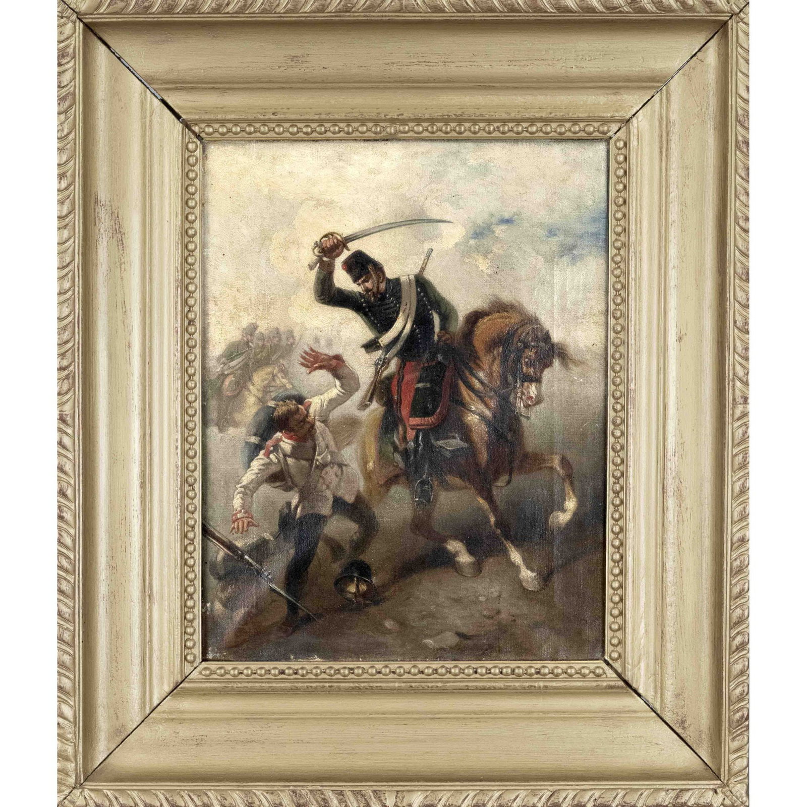 Anonymous battle painter of t: Anonymous battle painter of the 19th century, dragoon on horseback in battle, oil on canvas, unsigned, 35 x 28 cm, framed 53 x 46 cm