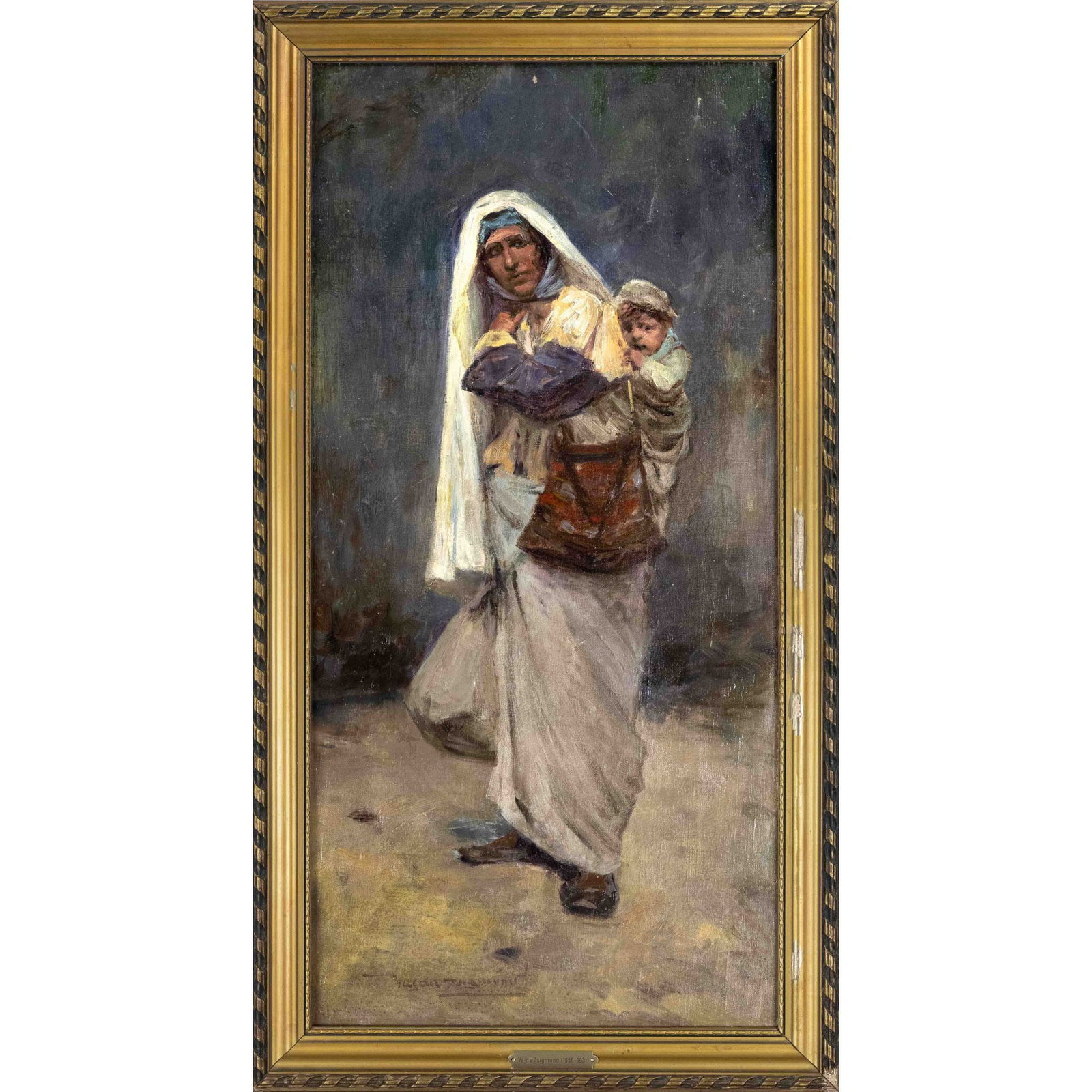 Zsigmond Vajda (1860-1931), R: Zsigmond Vajda (1860-1931), Romanian painter, woman with veil and her infant on her back, oil on canvas, signed lower left, restored and retouched, patches, 80 x 40 cm, framed 87 x 47 cm