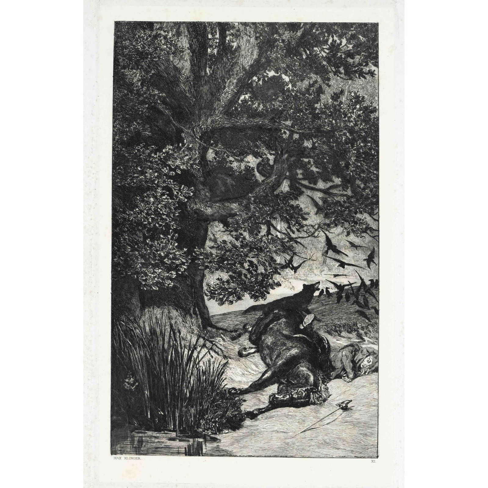 Max Klinger (1857-1920), ''Ge: Max Klinger (1857-1920), ''Gefallener Reiter - Blatt XI aus Intermezzi'', etching on China rolled on copperplate, inscribed lower left, 35 x 22 cm, behind mount 55 x 40 cm