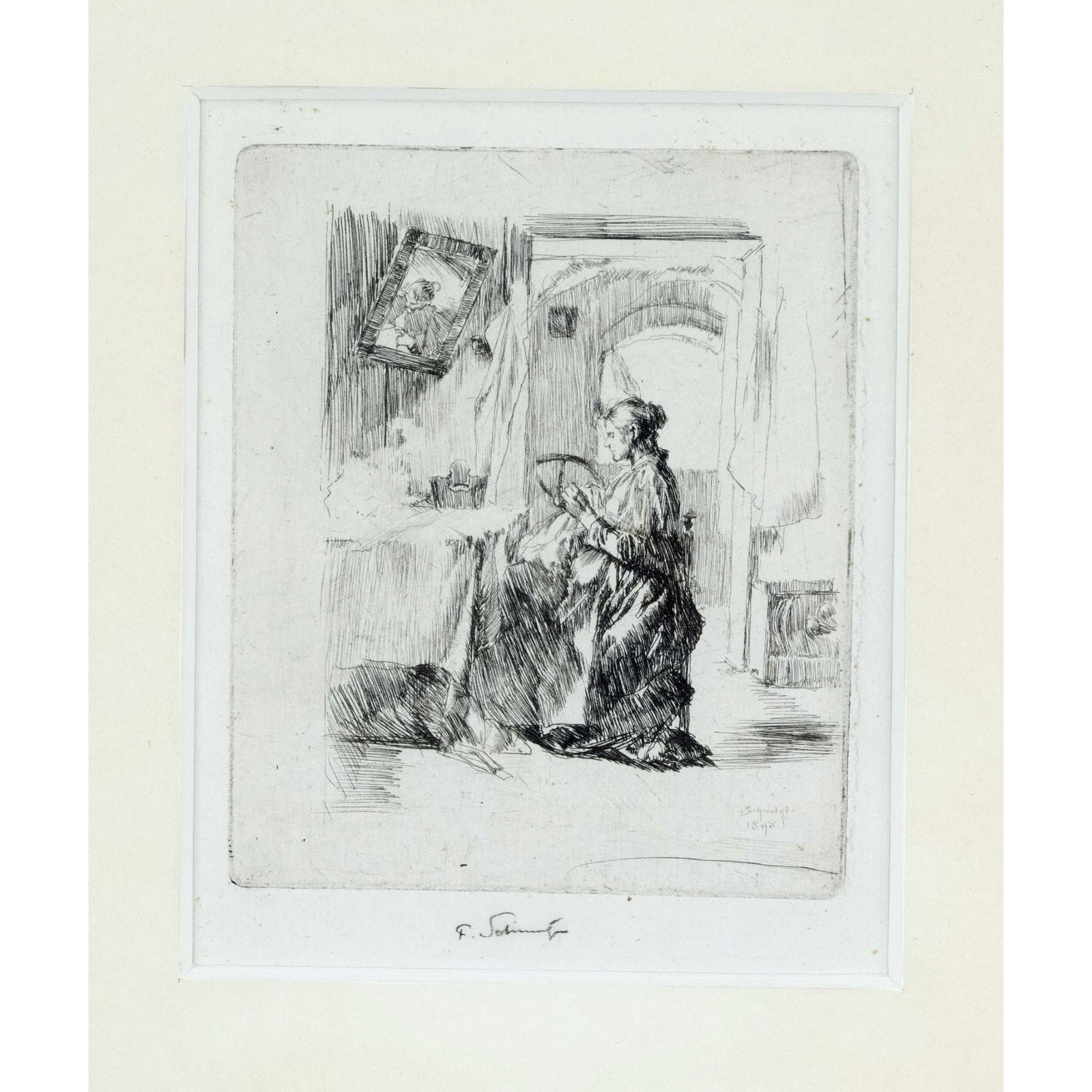 Mixed lot of 6 prints by diff: Mixed lot of 6 prints by different artists 1st half of 20th century, A. Paul Weber, small lithograph, Hans Thoma, etching ''Summer 1859'' (glass defective), Ferdinand Schmutzer, etching ''The little s