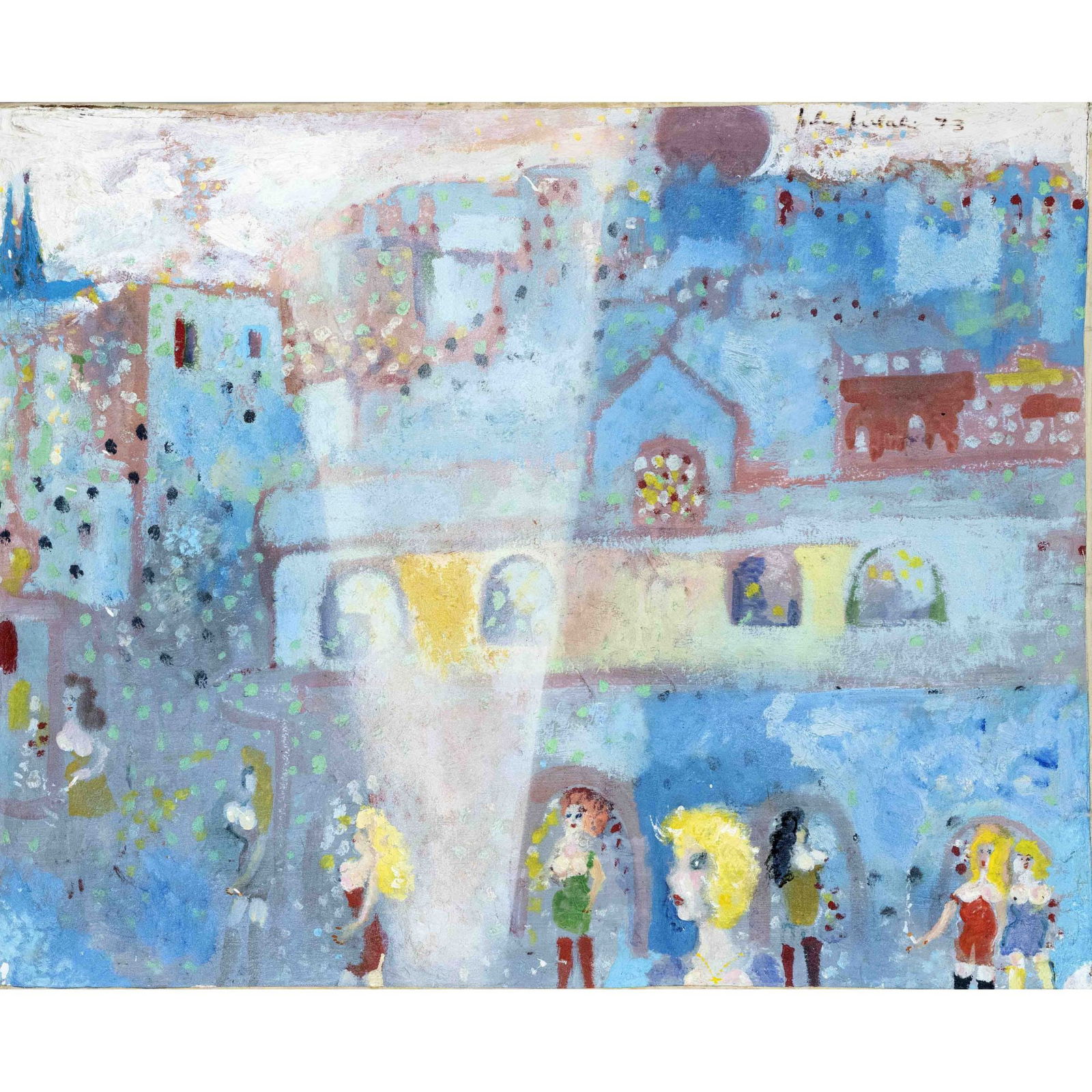 Jochen Michaelis (*1938), abs: Jochen Michaelis (*1938), abstracted city view with prostitutes, mixed media on canvas, signed and dated 1973 upper right, storage traces, 65 x 82 cm