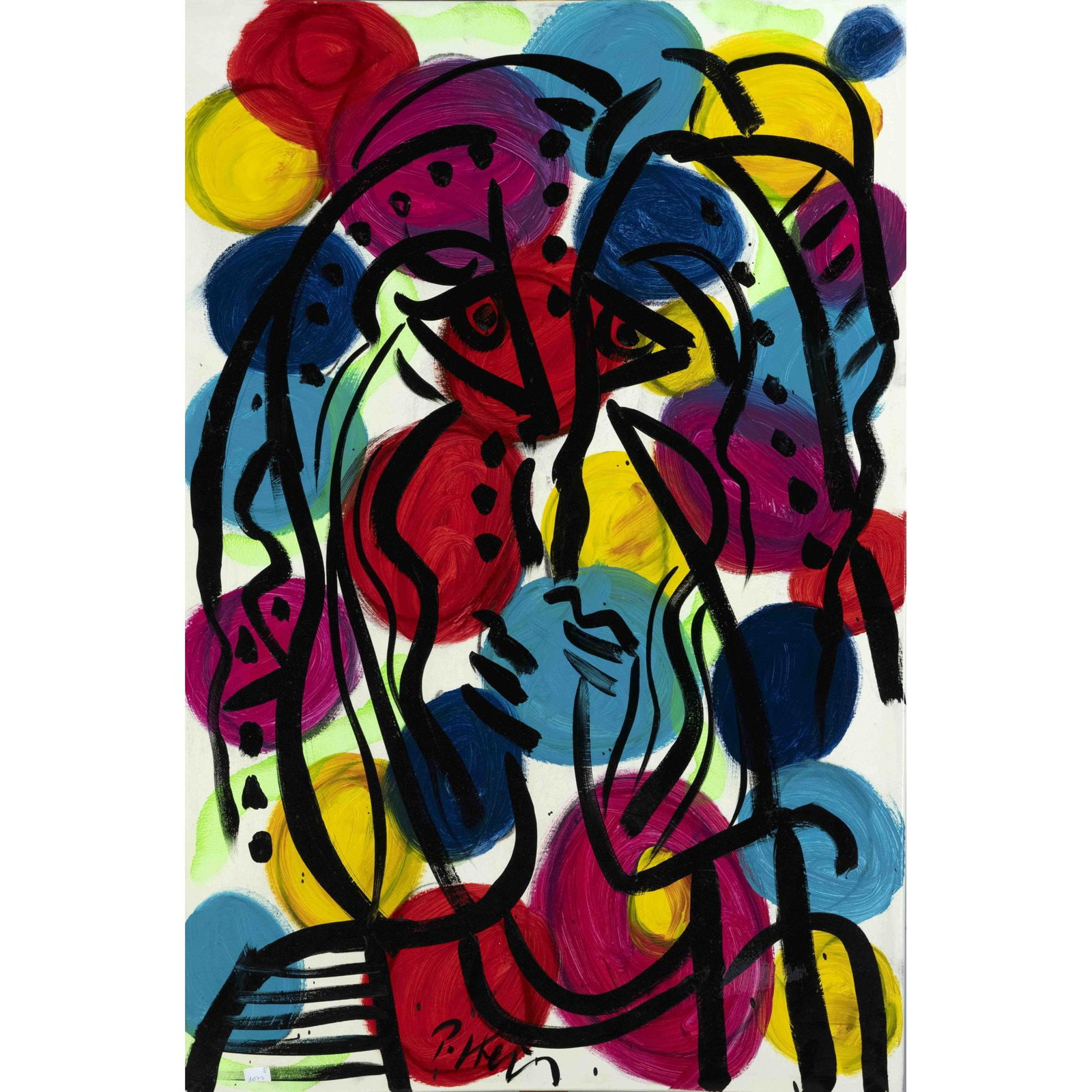 Peter Robert Keil (*1942), Ge: Peter Robert Keil (*1942), German painter of the so-called 'Neue Wilden', two faces in front of a composition of colored discs, acrylic on canvas, signed lower center110 x 75 cm