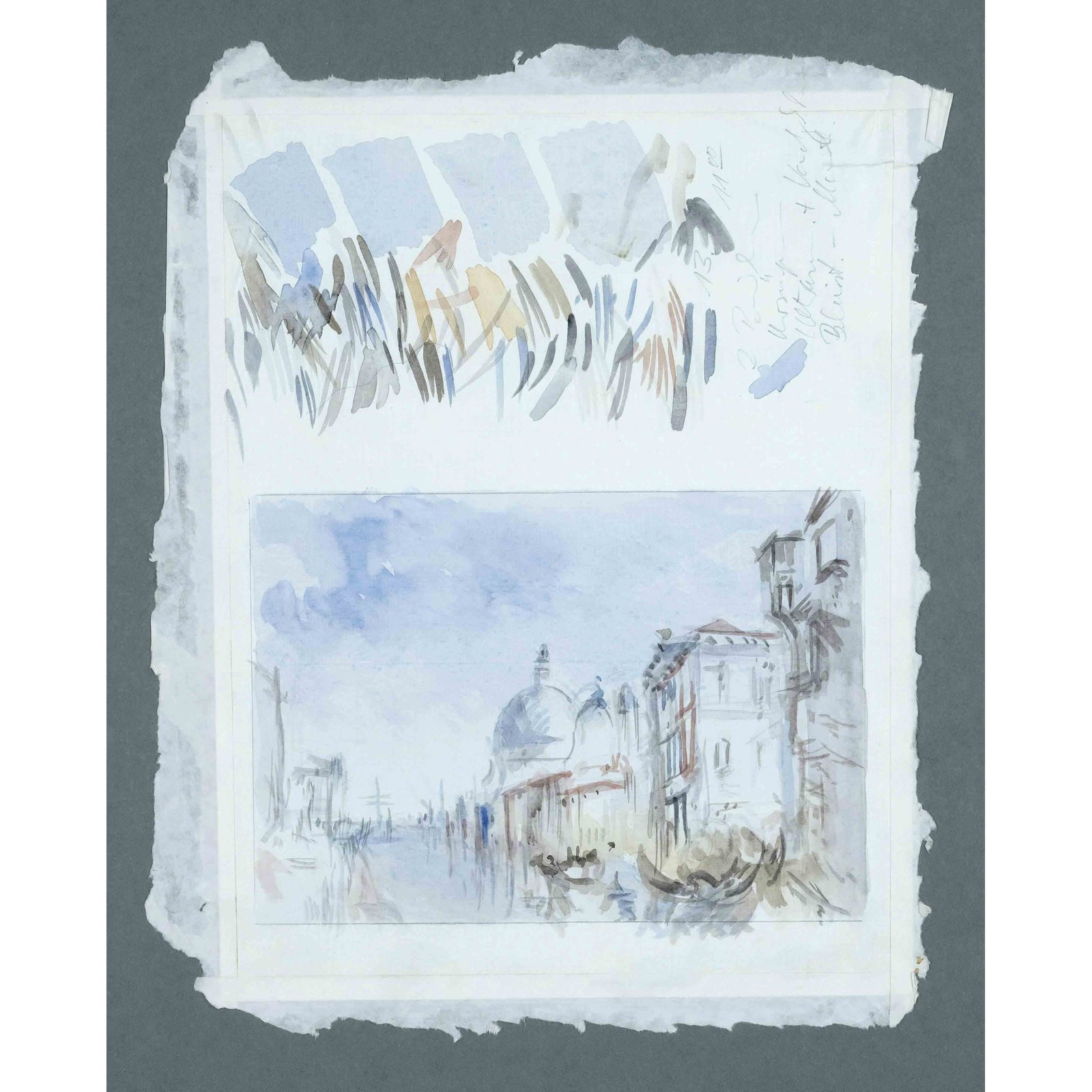 Anonymous painter 2nd half of: Anonymous painter 2nd half of 20th century, view of Venice, watercolor on flowers with color samples and inscriptions in the upper half of the sheet, unsigned, sheet measures 33 x 26 cm, framed behind