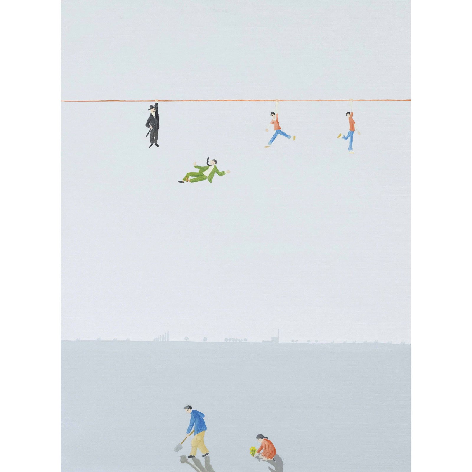 Jens Ulrich Petersen (*1947),: Jens Ulrich Petersen (*1947), contemporary, Danish artist. ''On-Line'', surreal landscape with high wire, acrylic on canvas, signed on verso, 80 x 60 cm.