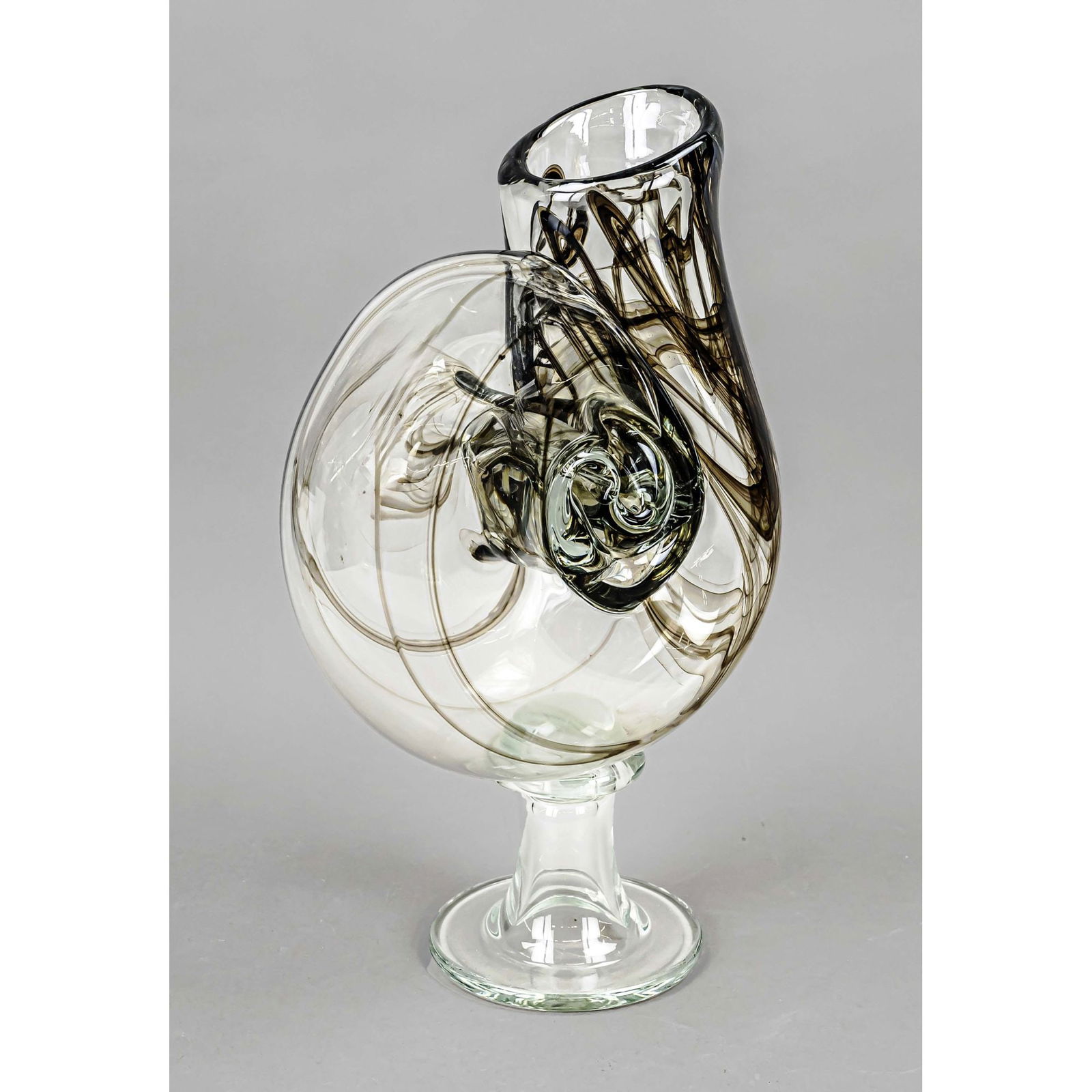 Artist's vase, Denmark, 2nd half 20th c: Artist's vase, Denmark, 2nd half 20th century, Holmegaard, designed by Michael Bang, round hollow stem, snail-shaped body, clear glass with brown fusions, h. 41.5 cm