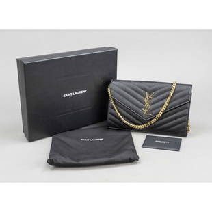 Yves Saint Laurent, Black Quilted: Yves Saint Laurent, Black Quilted Classic Cassandre Wallet On Chain, black quilted and structured calfskin, gold-tone hardware, long detachable link chain with leather details as shoulder strap, large