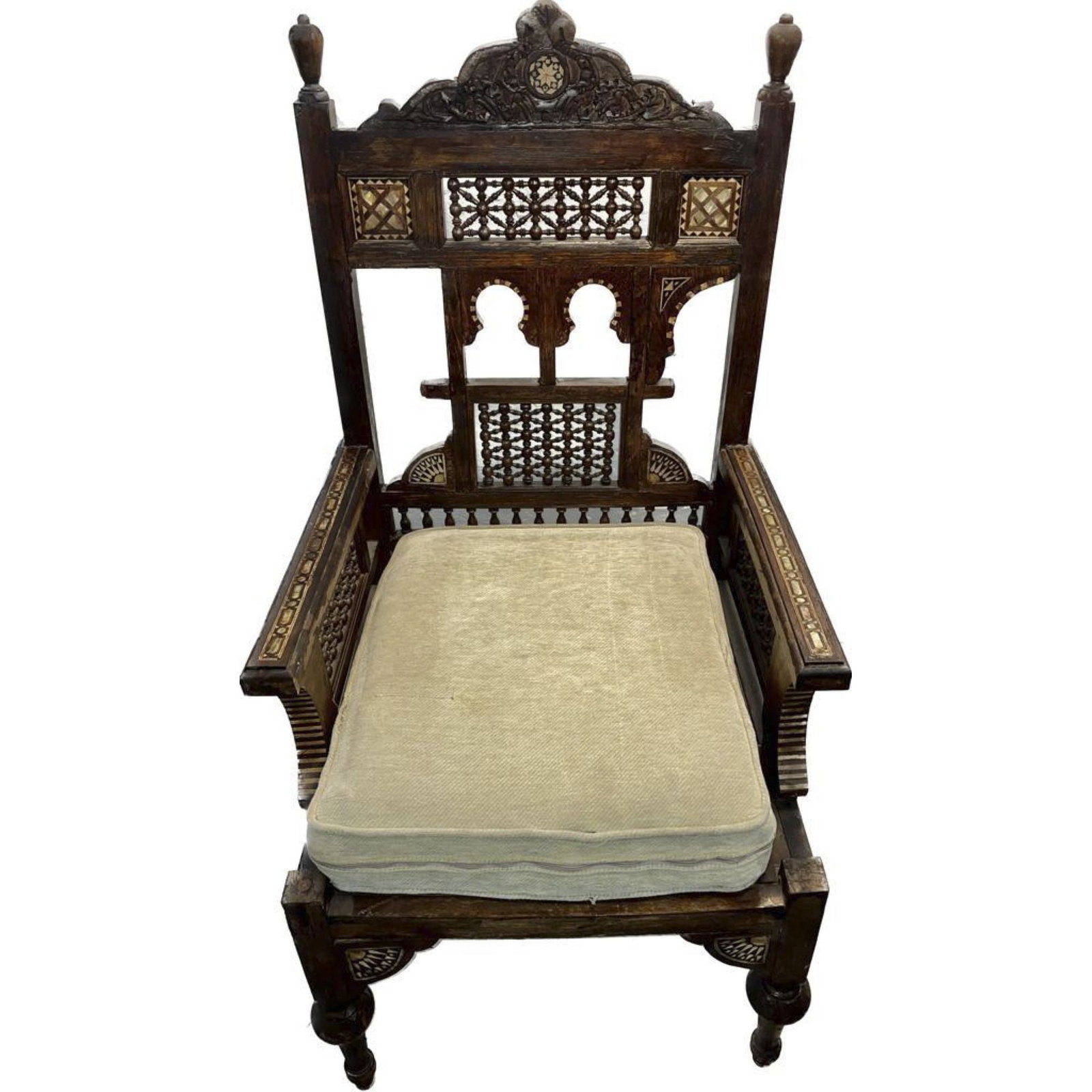 Oriental armchair, Syria/India, c.: Oriental armchair, Syria/India, c. 1920, typical Syrian wood inlaid with mother-of-pearl, 132 x 69 x 67 cm - The furniture cannot be viewed in our rooms.