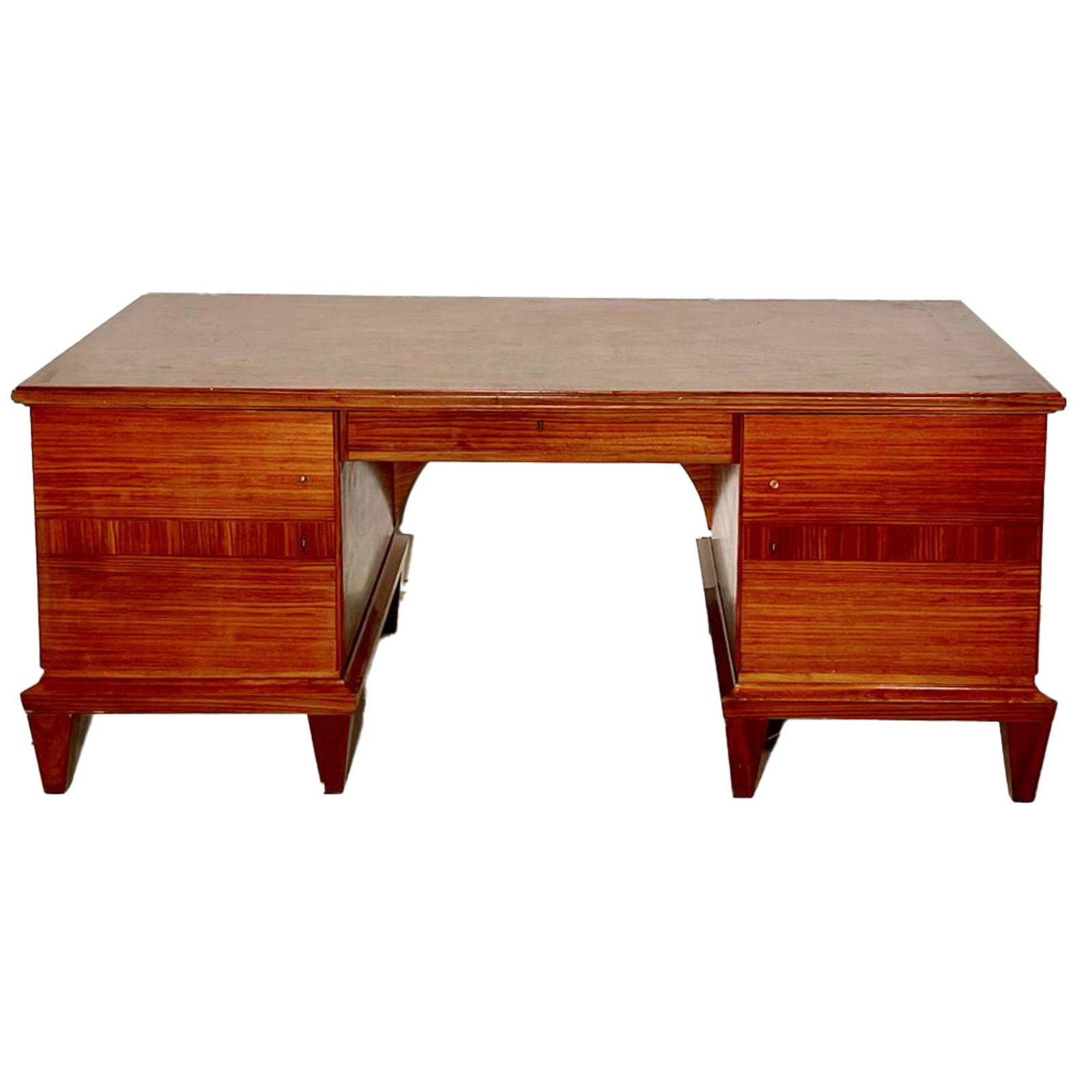 Art deco desk, circa 1930, walnut: Art deco desk, circa 1930, walnut veneer, straight basic shape, eight square tapered legs, can be placed anywhere, ready to use, 75 x 170 80 cm - The furniture cannot be viewed in our rooms.