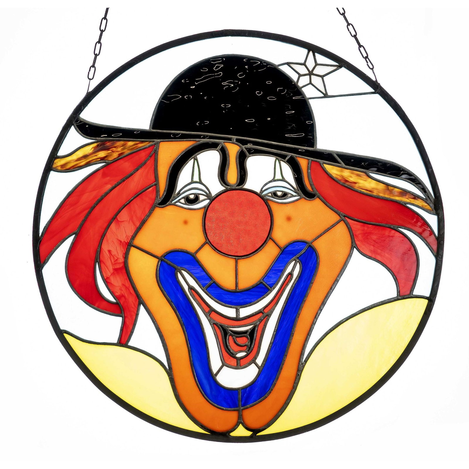 Stained glass with clown, 20th c: Stained glass with clown, 20th century in round frame with chain suspension, d. 57 cm