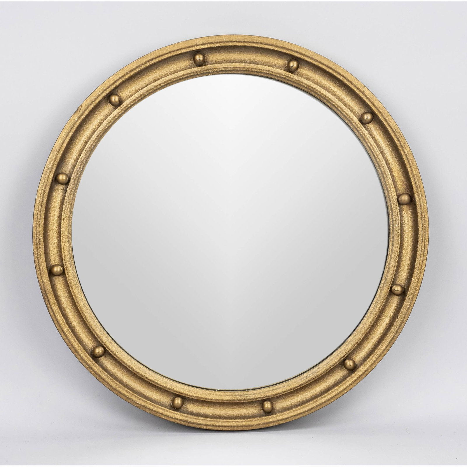 Mirror, 20th century, round fram: Mirror, 20th century, round frame decorated with gold rivets, slightly convex curved mirror glass, d. 42 cm