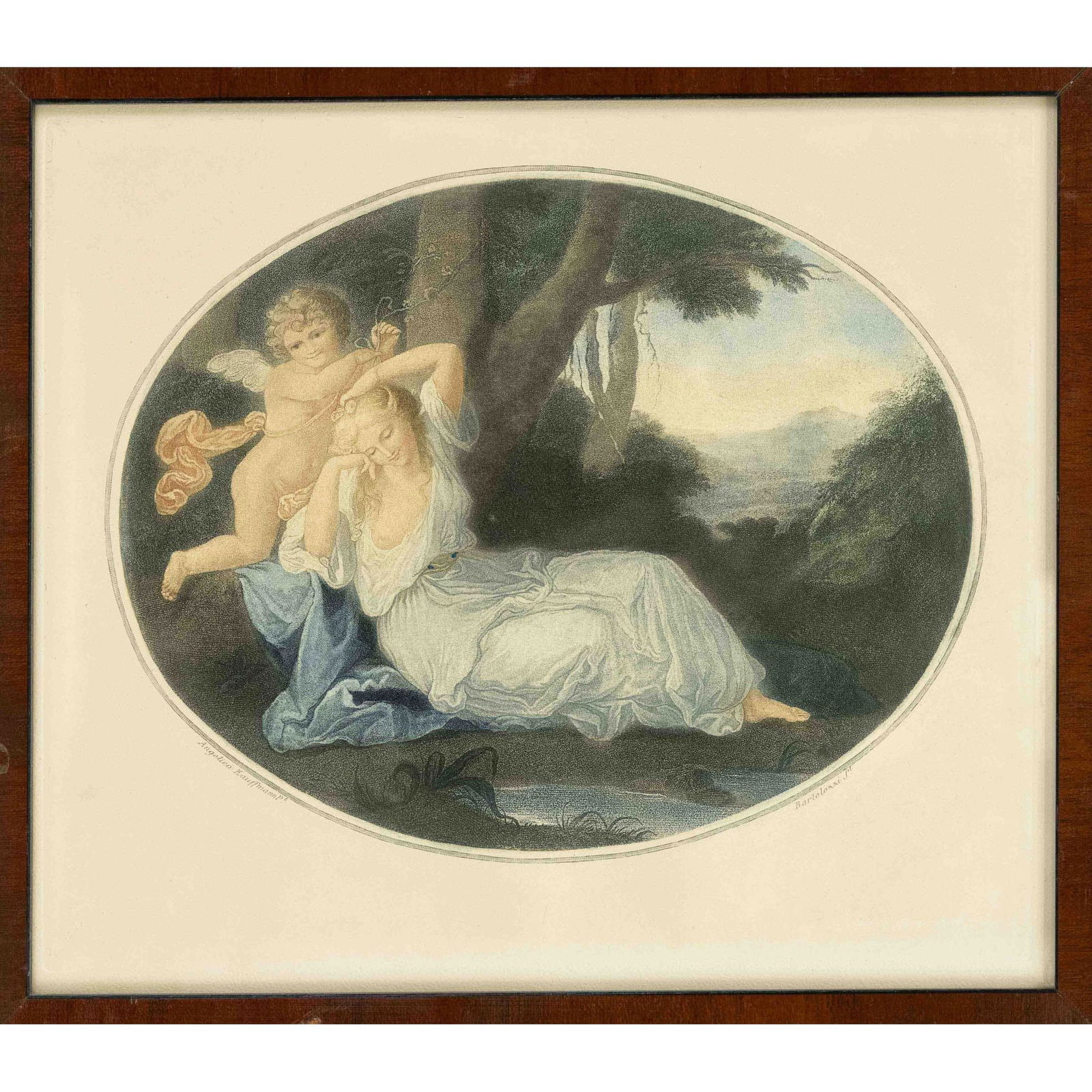 Francesco Bartolozzi (1727-1815): Francesco Bartolozzi (1727-1815) after Angelica Kauffmann (1741-1807), Venus and Armor in ital. Landscape, color etching in stipple technique, 20 x 25 cm, framed behind glass 28 x 32 cm