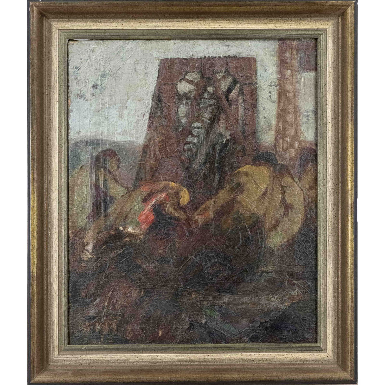 Lajos Markos (1917-1993), Hunga: Lajos Markos (1917-1993), Hungarian-American artist, young men at work, oil on canvas, signed lower right, rubbed and bumped, 50 x 40 cm, framed 60 x 51 cm