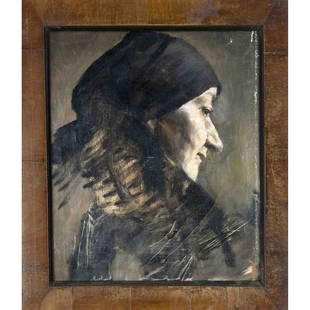 Wilhelm Leibl (1844-1900), Umkr: Wilhelm Leibl (1844-1900), Umkreis, sketchy portrait of a peasant woman in lost profile, oil on canvas, loosely laid down on wood, unsigned, flaking, 39 x 32, framed 47 x 40 cm