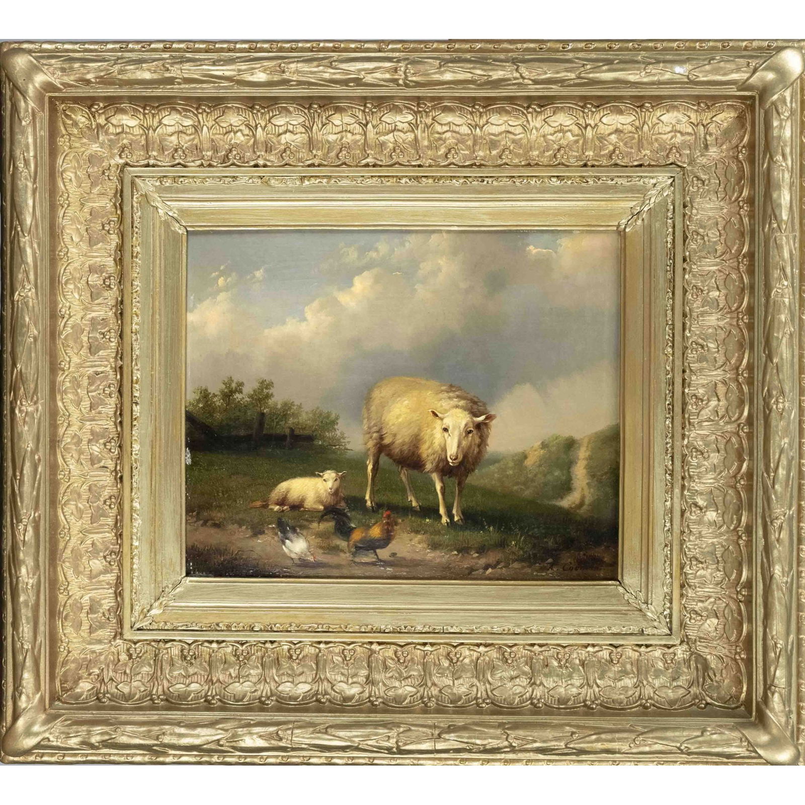 Auguste Coomans (active c. 1855: Auguste Coomans (active c. 1855-1896), Belgian painter, Landscape with Sheep and Chickens, oil on panel, signed lower right, verso inscribed by hand on old label, 19 x 24 cm, framed 39 x 43 cm