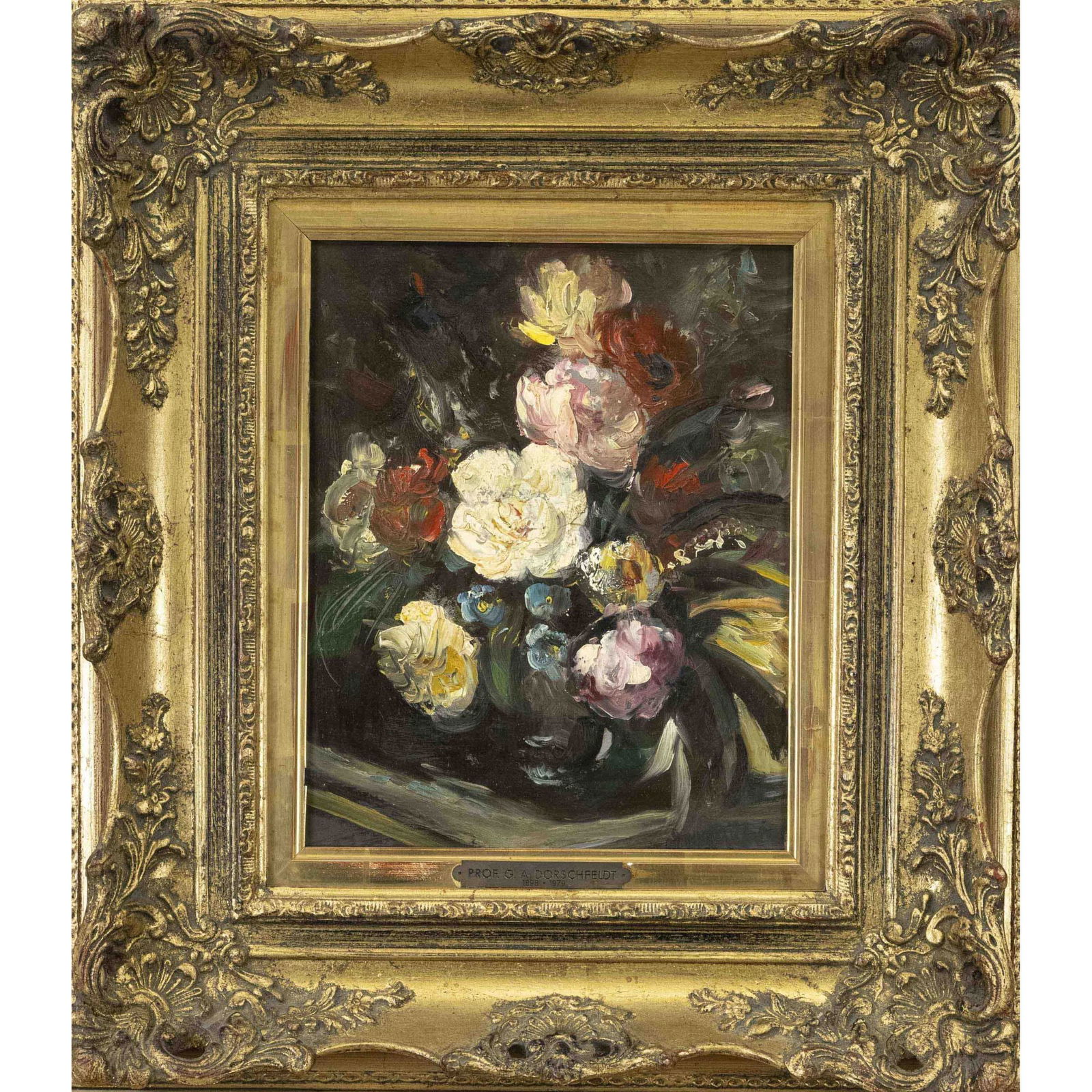 Georg Albert Dorschfeldt (1898-: Georg Albert Dorschfeldt (1898-1979), German flower painter and portraitist, pupil of Lovis Corinth, active in Berlin and the Allgäu, Bouquet of Roses, oil/hard fiber, signed Dorschfeldt lower right,