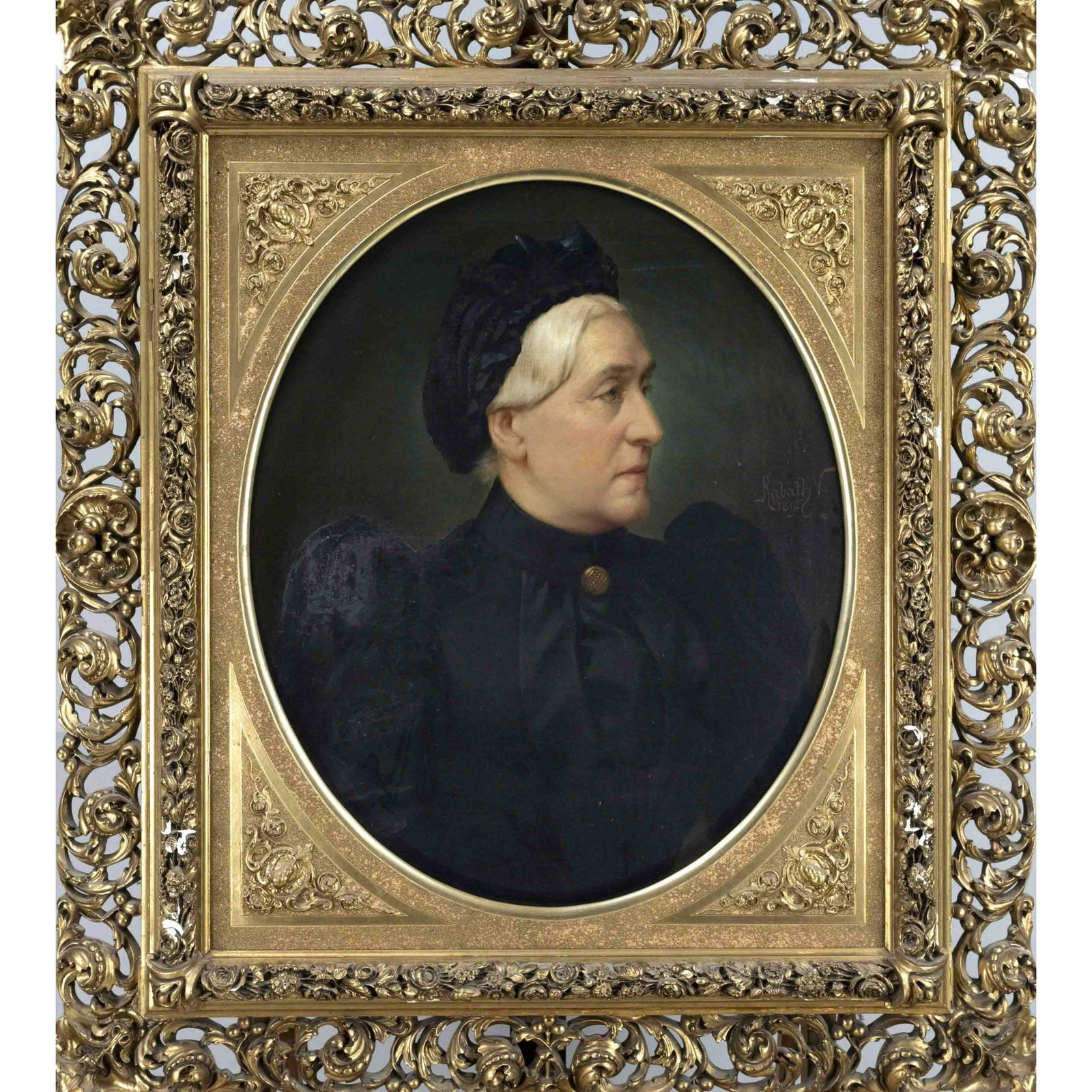 Vincze Kabáth (1852-?), Hungari: Vincze Kabáth (1852-?), Hungarian portrait painter, portrait of a lady in an oval, oil on canvas, signed and dated ''Kabáth V. 1895'' on the right margin, verso inscribed ''Hermine Buhlers, geb. Hel