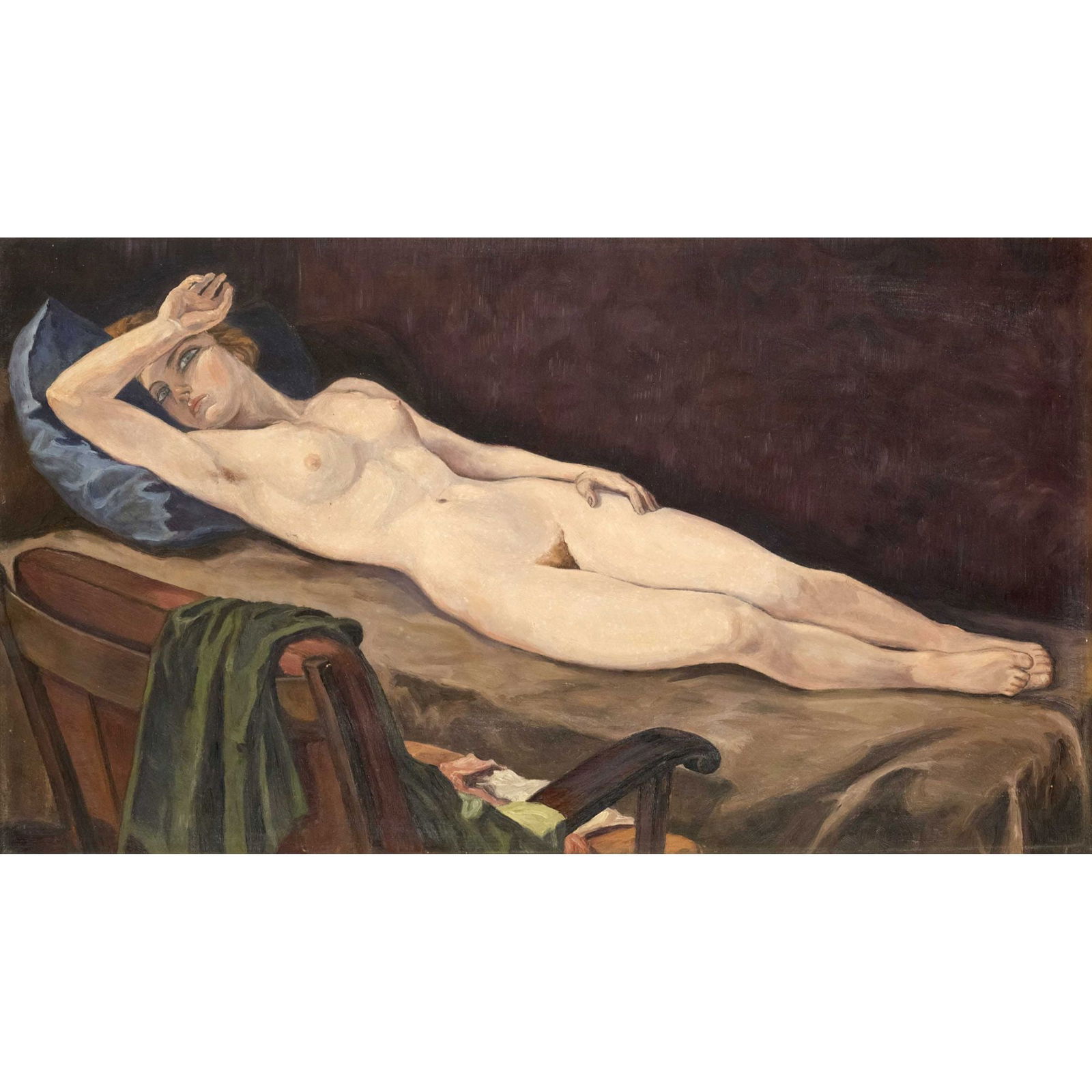 Anonymous painter 1st half of t: Anonymous painter 1st half of the 29th century, reclining female nude, oil on hardboard, unsigned, unframed 39 x 67 cm